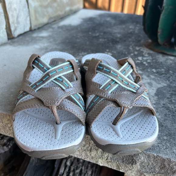 Skechers Reggae Gray & Teal leather Women's Slide Sandals Sz-6. Q - Picture 6 of 13